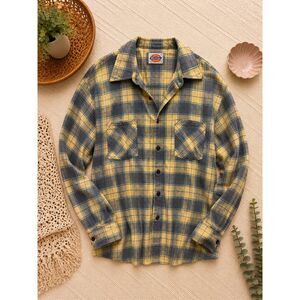 Vintage Dickies Flannel Shirt Mens Large Yellow Blue Plaid Button Front Workwear